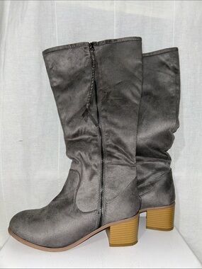 Women's Gray Mid-Calf Heeled Boots with Side Zip